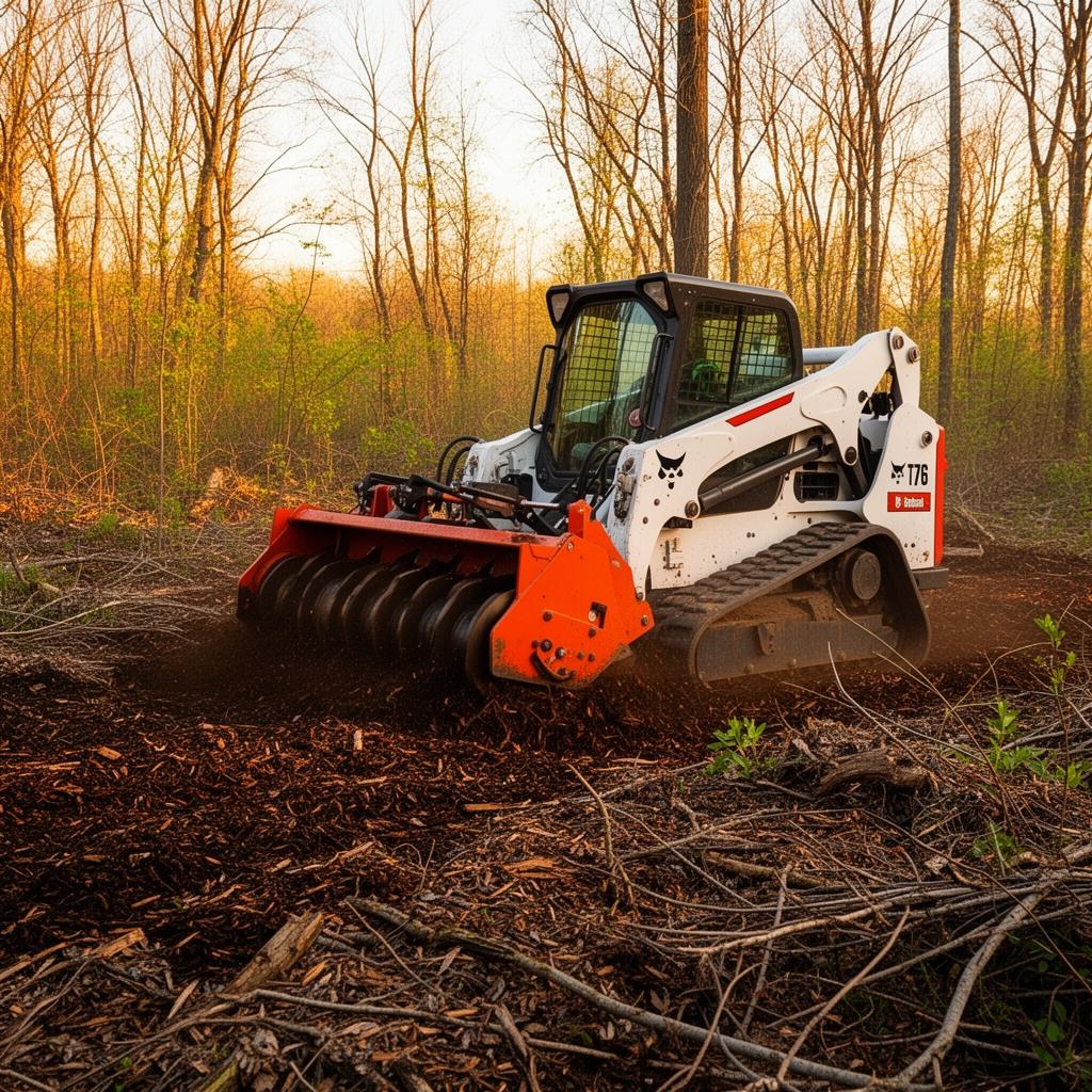 Bobcat T76 compact track loader with forestry mulching drum clearing an overgrown wooded lot in Central Indiana