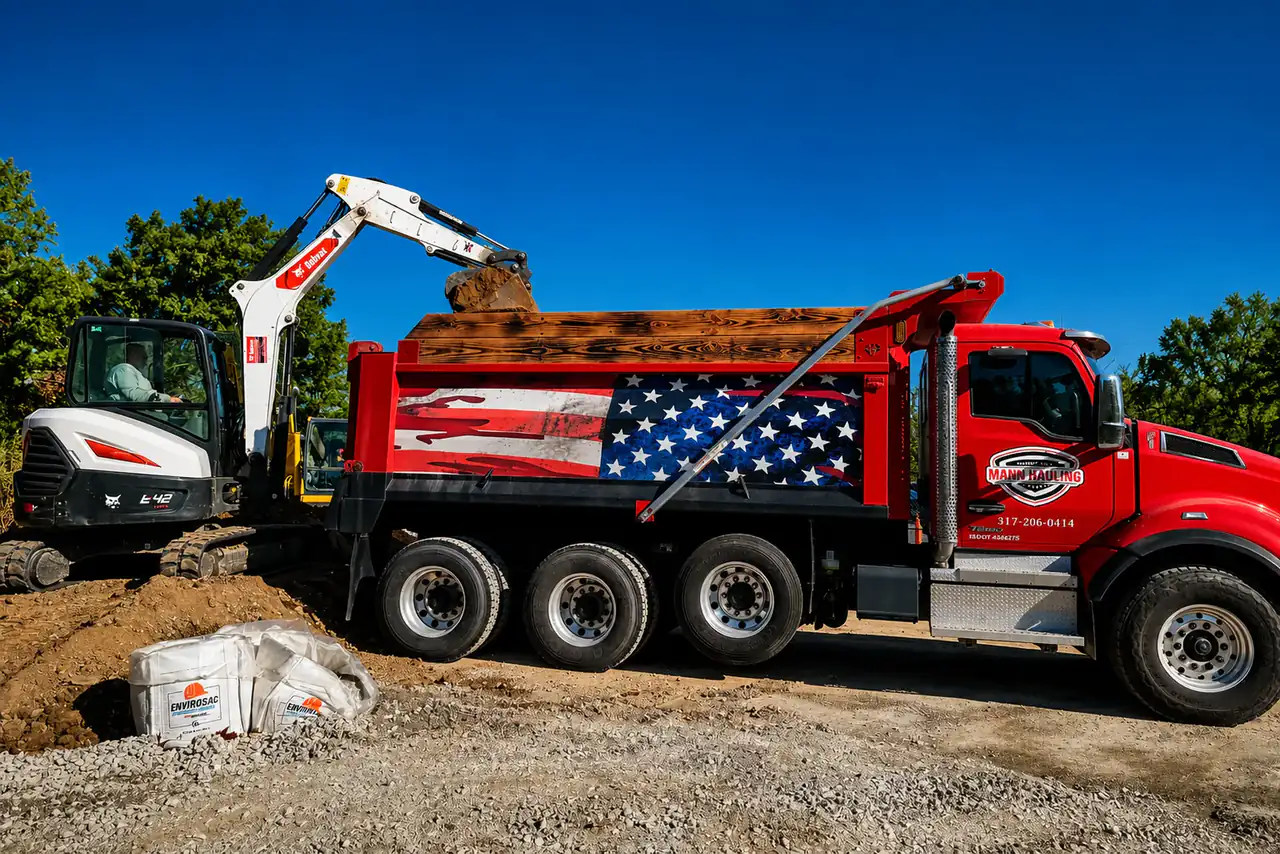 Mann Hauling red dump truck loaded by Bobcat excavator on a Central Indiana job site