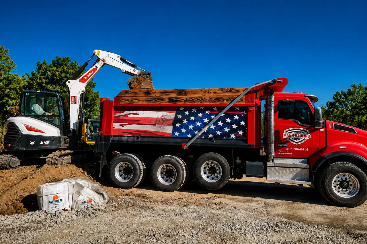 Mann Hauling red dump truck loaded by Bobcat mini excavator on a Central Indiana job site